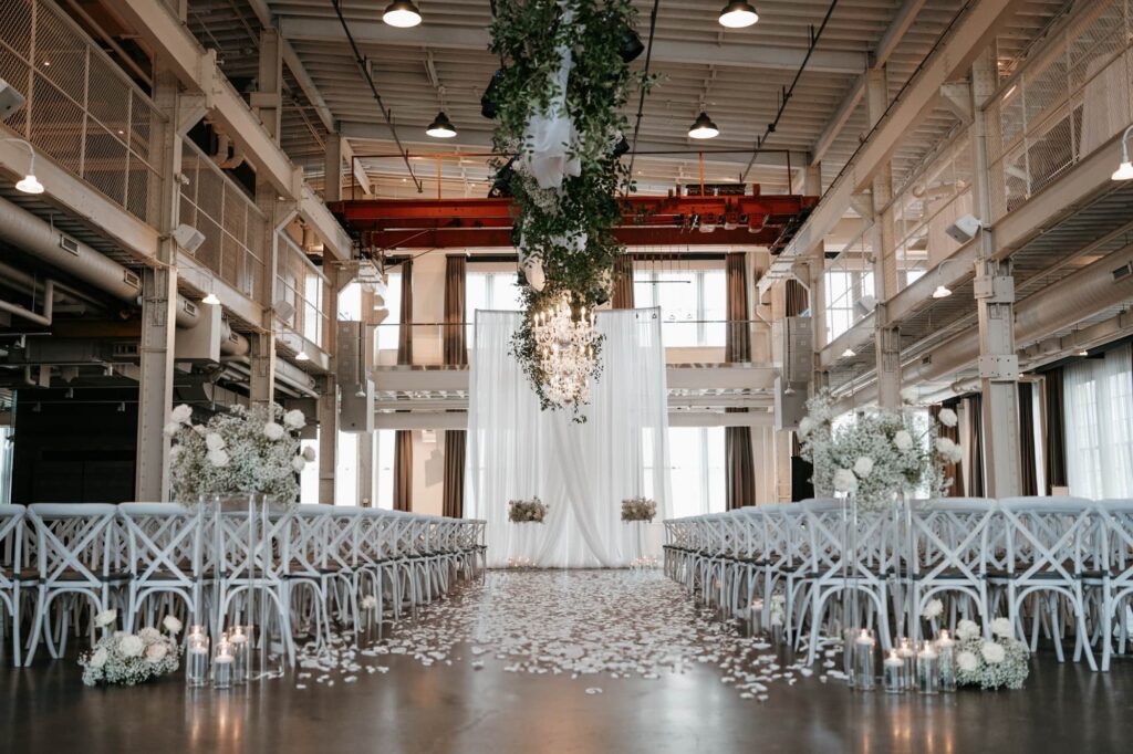A photo of a beautiful ceremony setup at an industrial wedding venue in Minneapolis Minnesota called the Machine Shop
